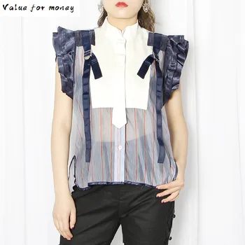 

Striped Color Hit Patchwork Women Blouse Stand Collar Sleeveless Ruffles Tunic Shirt Female Fashion 2020 Summer