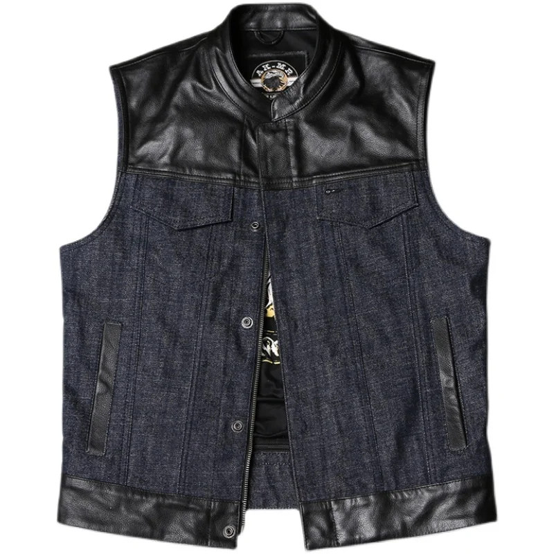 

Biker Motorcycle Leather Vest Men Genuine Leather Sleeveless Jackets Cotton Denim Real Cowhide Patchwork Waistcoat High Quality