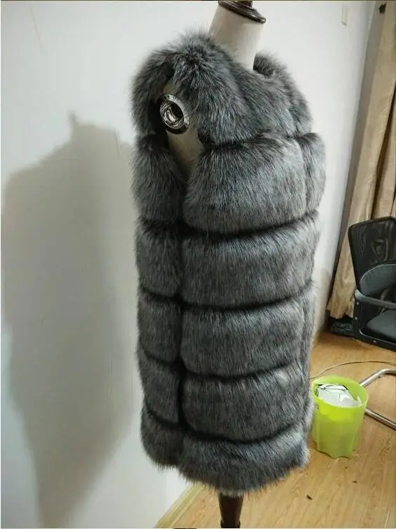 The silver fox color Зимний роскошный из искусственной лисы меховой жилет, женский жилет длинное тонкое пальто из искусственного меха высокого качества меховой жилет теплые меховые пальто женское пальто - Цвет: The silver fox color