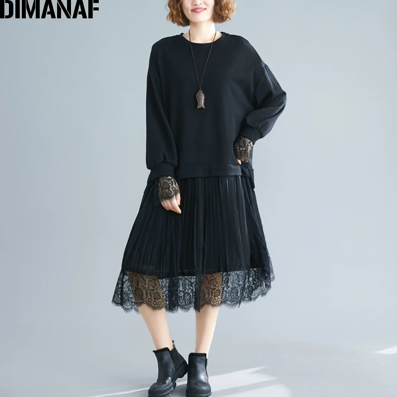 Cena DIMANAF sukienka damska plus size z długim rękawem bawełna koronkowa, łączona Fashion Lady elegancka Vestidos ubrania damskie plisowana luźne, jesienne