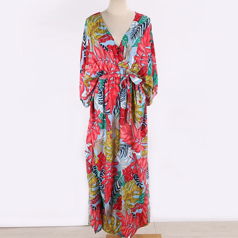 Brazilian Print Chiffon Robe Kaftan Beach Cover Up Swimsuit Long Sleeve Swimwear Women Bathing Suit Ladies Sarong Beachwear