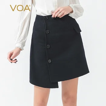 

VOA Pure Cashmere 14.75 Micron Navy Natural Waist Single Breasted Flap Pockets Irregular Hem Versatile A- line Skirt SC983