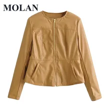 

MOLAN Fashion Faur Leather Jacket Woman Long Sleeve High Street Zipper PU Leather Coat Khaki Vintage Female Chic Jacket