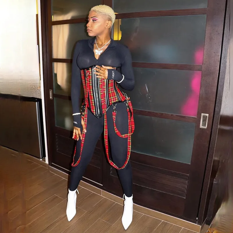 Cotton Camouflage Plaid Zip-Up Corset With Strap Women Waist Shaping Autumn Skinny Jumpsuit Matching Wear Cool Streetwear