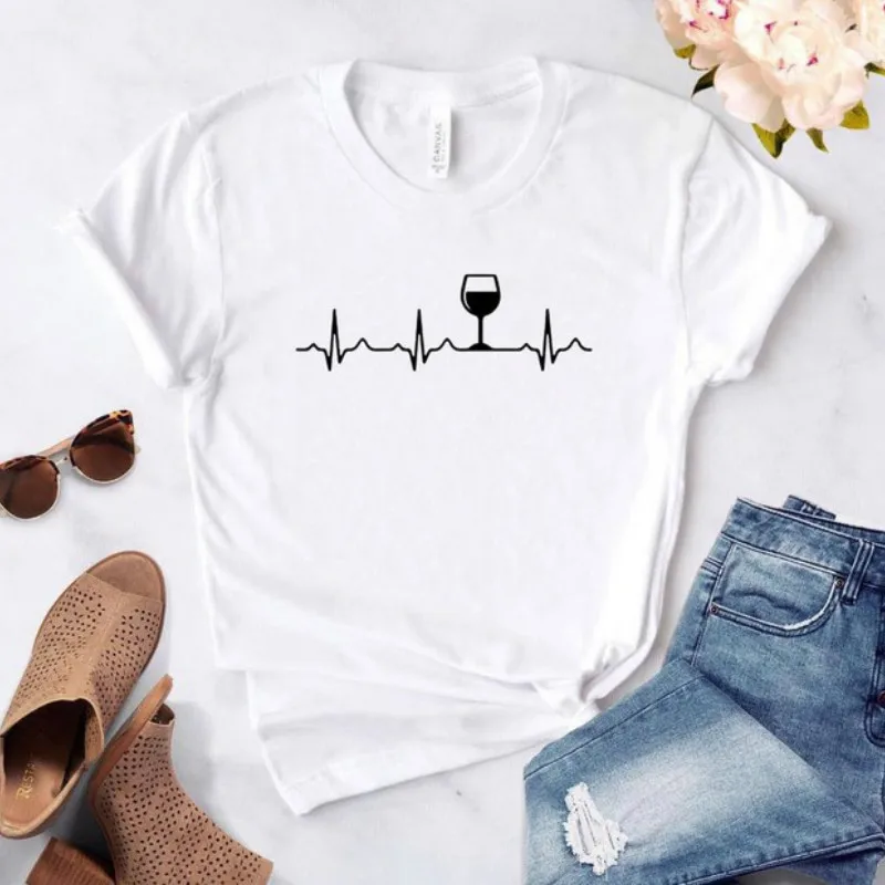 Wine Heartbeat Print T Shirt Women Short Sleeve O Neck Loose Tshirt 2020 Summer Women Tee Shirt Tops Camisetas Mujer Femme Tops 3