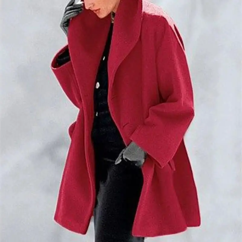 Зимнее женское Шерстяное Пальто, воротник с лацканами, открытая стежка, шерстяное Женское пальто с карманами, теплое одноцветное пальто с карманами размера плюс, длинная верхняя одежда
