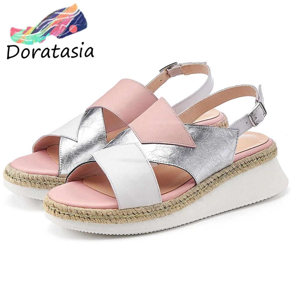 

DORATASIA Summer Genuine Leather Shoes Comfy Med Wedges Sandals Women 2020 New Brand Trendy Patchwork Platform Sandals