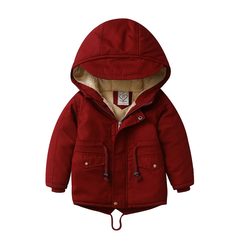 Winter children's hooded plush cotton jacket windbreaker coat New boys and girls medium length Plush waist cotton jacket