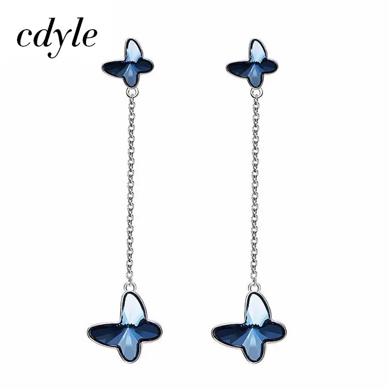 Cdyle украшенные кристаллами 925 стерлингового серебра ювелирные изделия Висячие серьги для женщин Бабочка австрийский горный хрусталь - Окраска металла: Blue