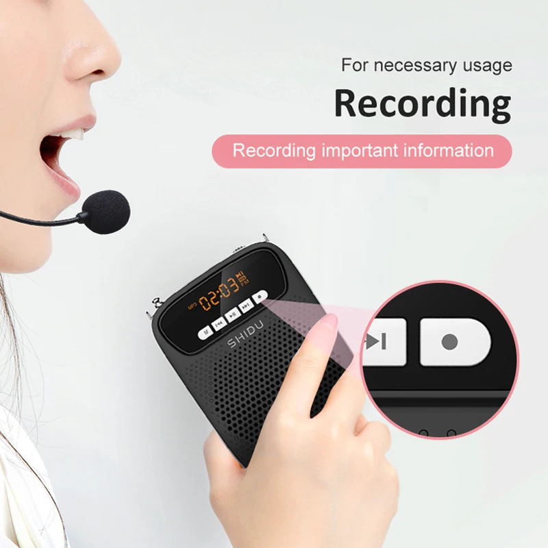 Voice Amplifier Handheld Megaphone SHIDU 15W Portable Voice Amplifier Wired Microphone FM Radio AUX Audio Recording Bluetooth Speaker Megaphone For Teachers S278