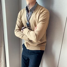 Pull Homme модный кардиган в британском стиле для мужчин, однотонный повседневный мужской свитер с v-образным вырезом, Свободный Вязаный мужской свитер с длинными рукавами, распродажа