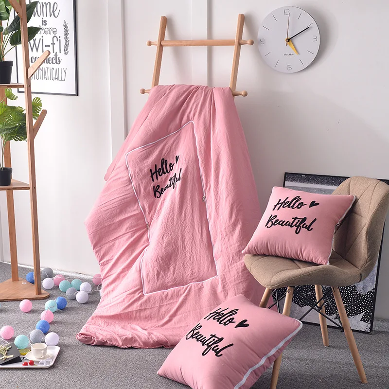 

2 In 1 Foldable Quilt Multi-function Wash Cotton Embroidered Pillow Quilt Car Sofa Office Pink Letter Decorative Cushion Blanket