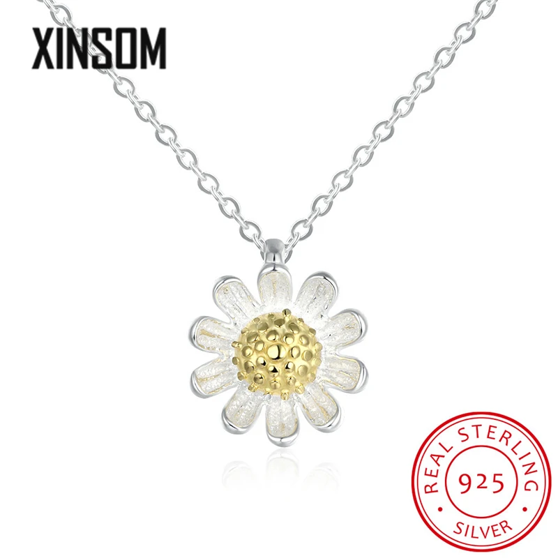 

XINSOM Korean Cute Daisy Flower Pendant Necklace For Women 100% Real 925 Sterling Silver Necklace Collier Girls Gift 20XS1158