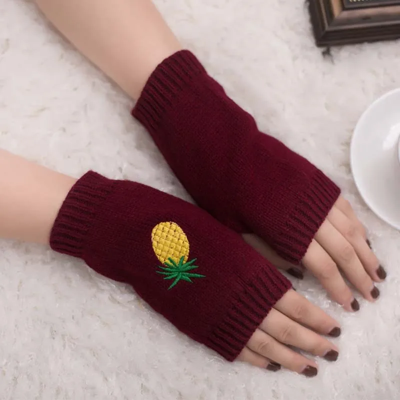 AliExpress Embroidered Pineapple Gloves Cool New Style Knitted Gloves Half-finger Gloves Embroidered Color Warm Gloves Now