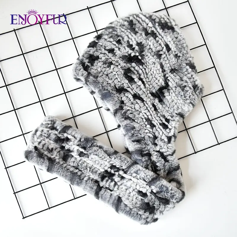 ENJOYFUR Warm rabbit fur hat scarf for women fashion female Russian style fur cap scarf knitted warm fur beanies - Color: 017