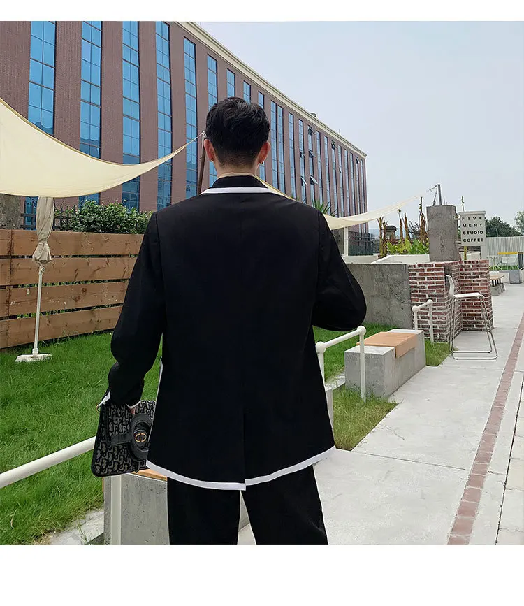 Male Street Clothes Hip Hop Stripe Splicing Casual Tuxedo Blazer Suit Jacket Pants Warm Clothes 2 Pieces Suits Sets Hombres