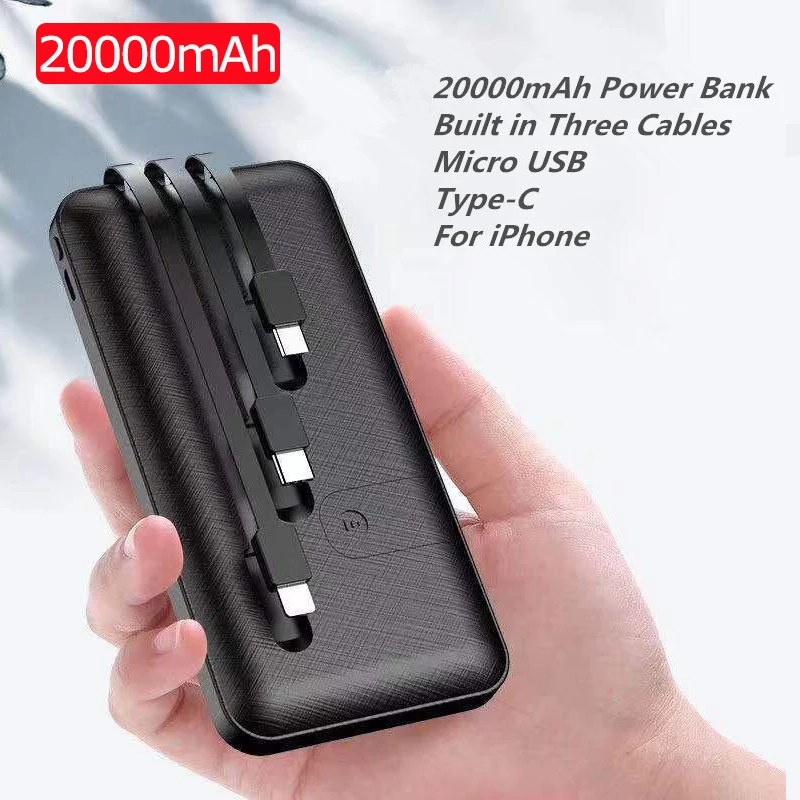 20000mAh Portable Power Bank Fast Charger Powerbank Built in 3 Cables External Battery for All smartphones Poverbank | Мобильные