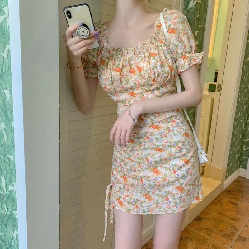 2020 Summer Floral Dress Sundress Korean Women Bosiramia Bubble Sleeves Square Collar Mini Dresses Female Vestidos New arrival