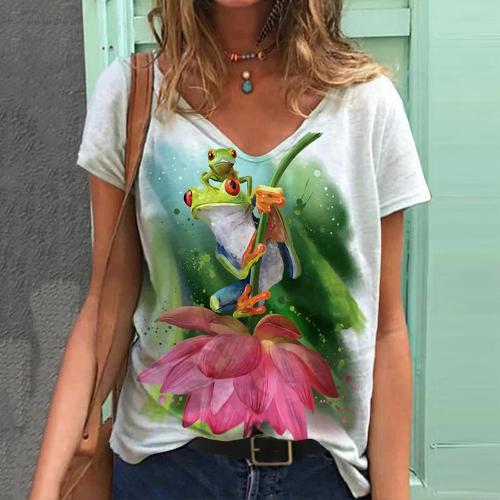 Vintage Mujer Camisas de talla grande de las mujeres de manga corta estampado de flores blusas Tops con cuello en V camiseta, camisas de Mujer, Camisetas, blusas