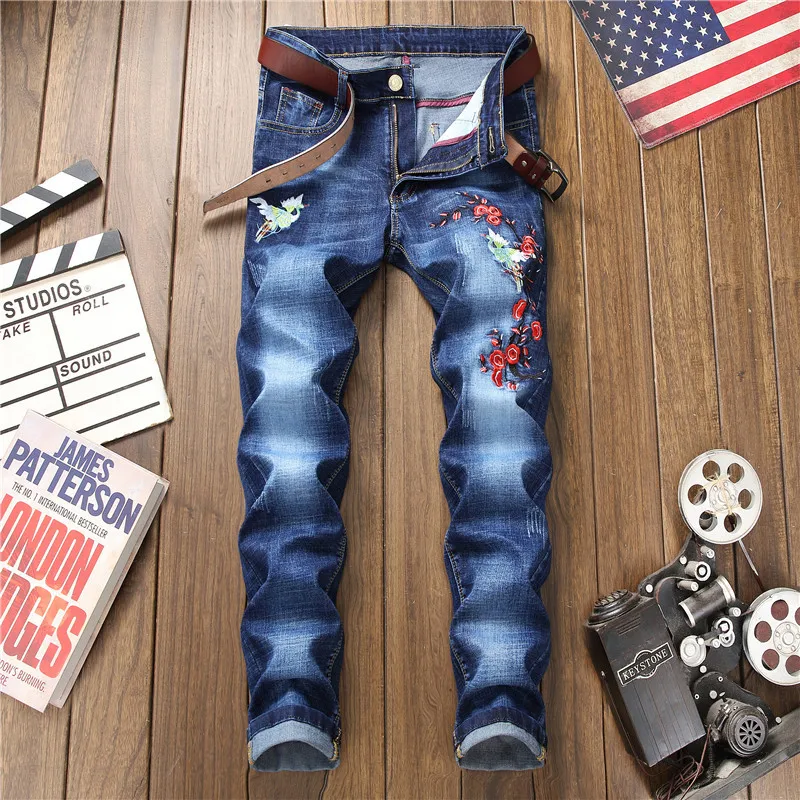 

2021 Spring and Autumn New Men's Korean Slim Jeans Youth Fashion Embroidered Feet Pants Trousers Men's Trend