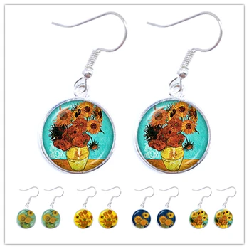 

Van Gogh Oil Painting Drop Earrings Women Fashion Silver Glass Cabochon Earings Starry Night Sunflower Jewelry Women Girl Gifts