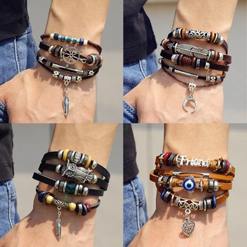 

FAMSHIN Fashion Adjustable Multilayer Leather Bracelet Set Men Male Handmade Wrap Rope Horn Leaf Feather Bracelet Bangles Jewel