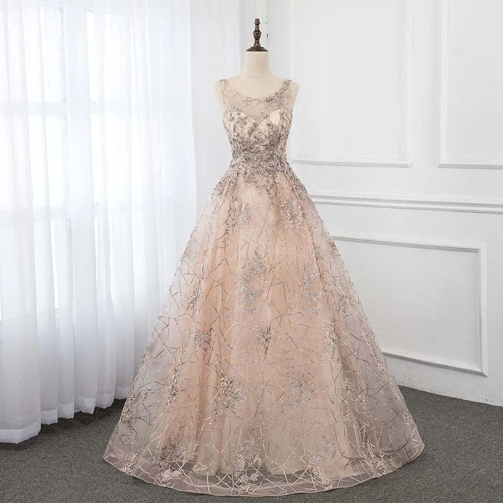 

New 2020 Elegant Champagne Embroidery Evening Dresses Long Ball Gown Crystals Formal Evening Gown Backless