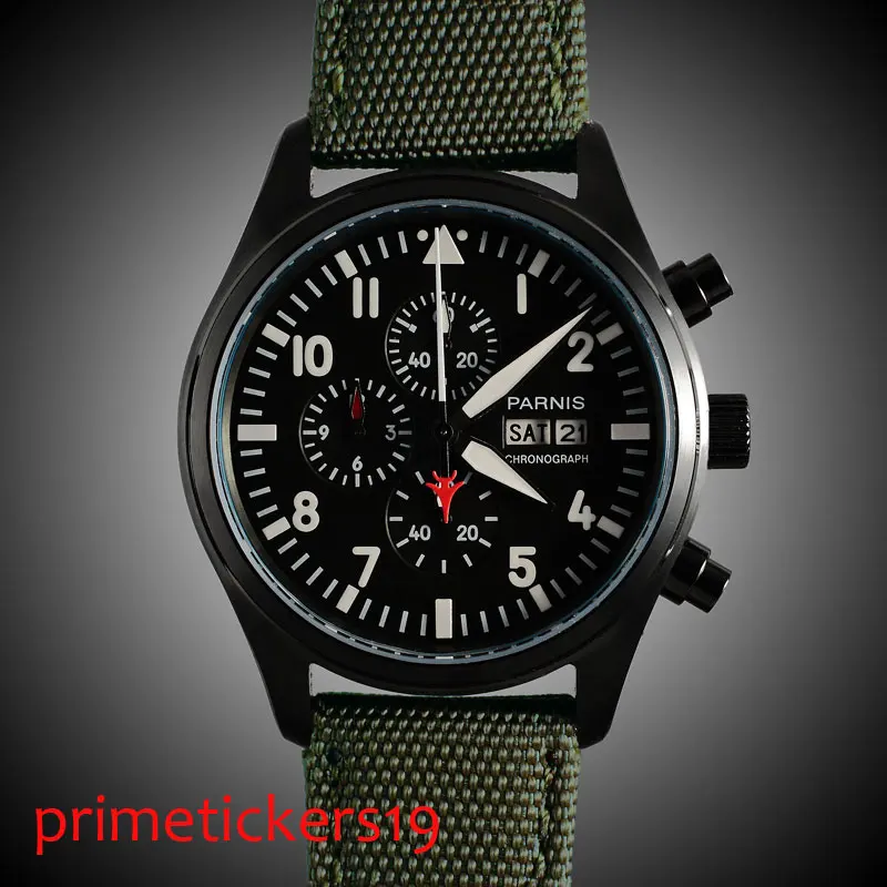 

PVD case 42mm parnis black dial day date quartz chronograph green leather strap mens watch 133