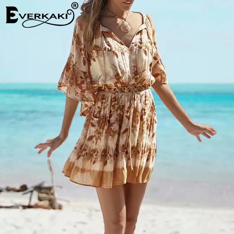 Everkaki Boho Короткое женское платье с поясом и цветочным принтом летние платья