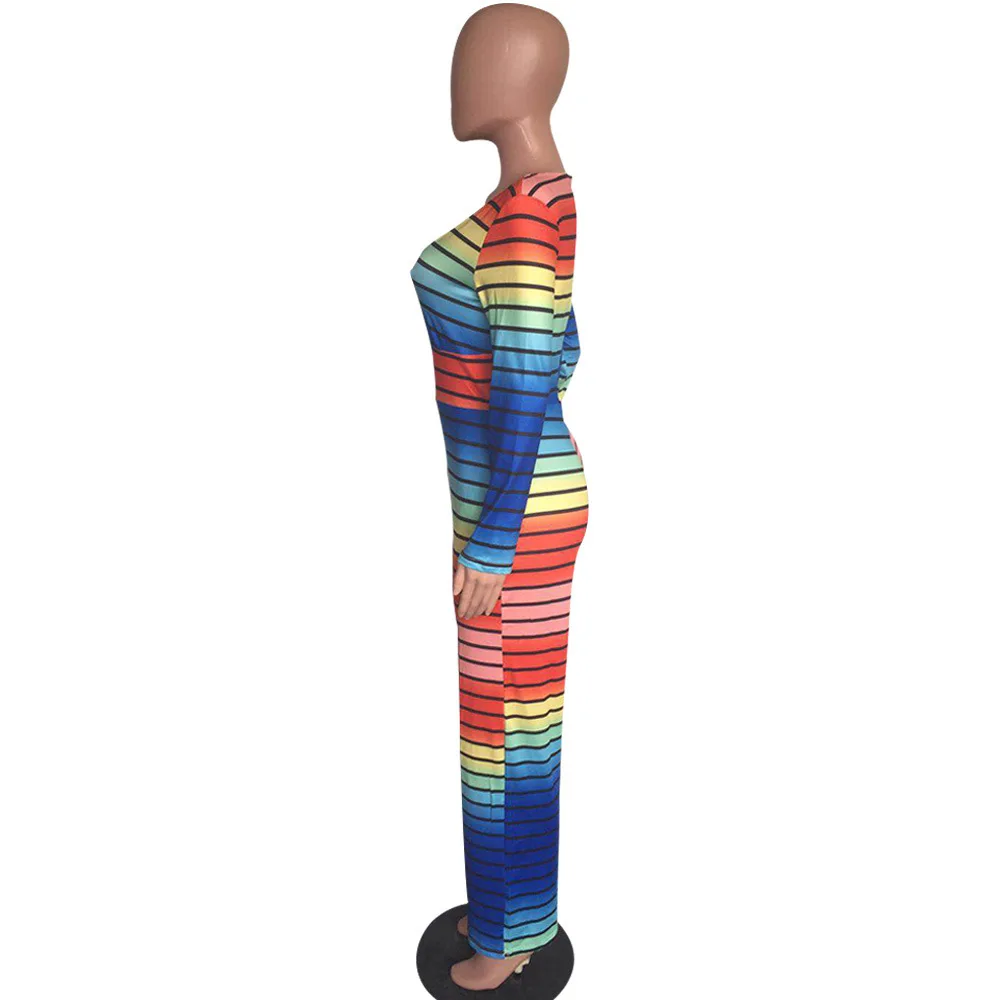 XL Autumn Women Jumpsuits O-neck  Long Sleeve Rompers High Waist Gradient Color Stripe Female Clothes with Belt