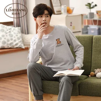 

MEN'S Pajamas Spring and Autumn Long Sleeve Korean-style Simple Casual Cartoon Pullover Youth Men's Homewear Set