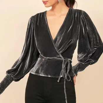 

Spring Long Sleeve Vintage Velvet T Shirt Women Sexy Tshirt V Neck Wrap Tops Elegant Office Ladies Shirts Tunic Fashion Lace Up