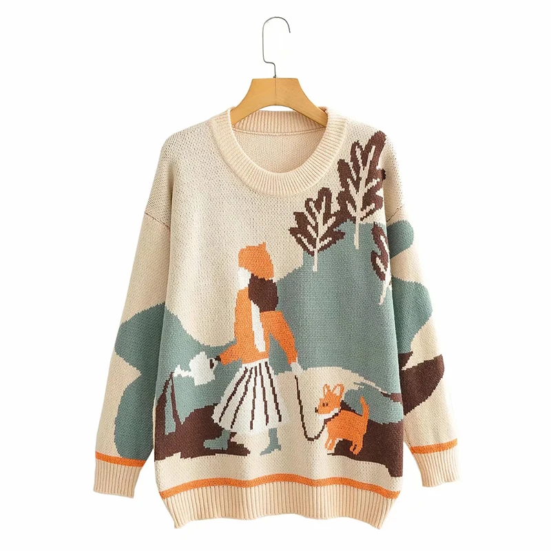 

Women's Oversize Sweater Cartoon Pattern Jacquard Long Sleeve Knit Jumper Pullovers Christmas Knitwear Female Black Knitted Tops