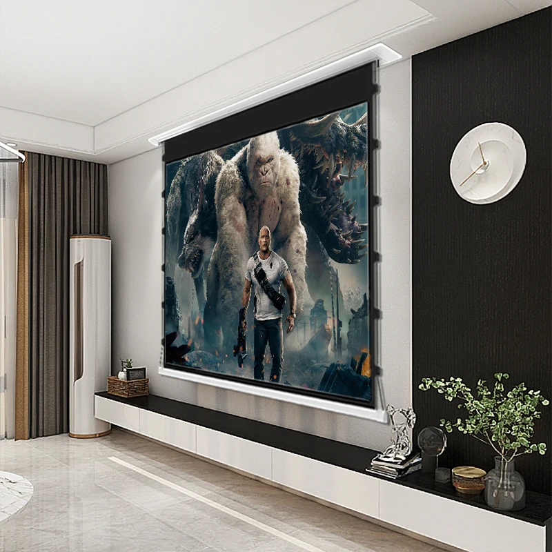 

16:9 Anti-Light 3D 4K HD Remote Control Tab-Tensioned Intelligent Electric Ceiling Recessed Projection Screen With Black Crystal