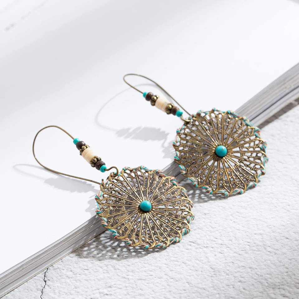 Boho Винтаж Серебряный цвет зеленый круглый Висячие серьги для женщин 2019 модные