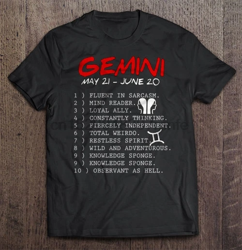 Мужская футболка Gemini May 21 June 20 1 свободно владеет сарказмом 2 Mind Reader 3 Loyal Ally 4