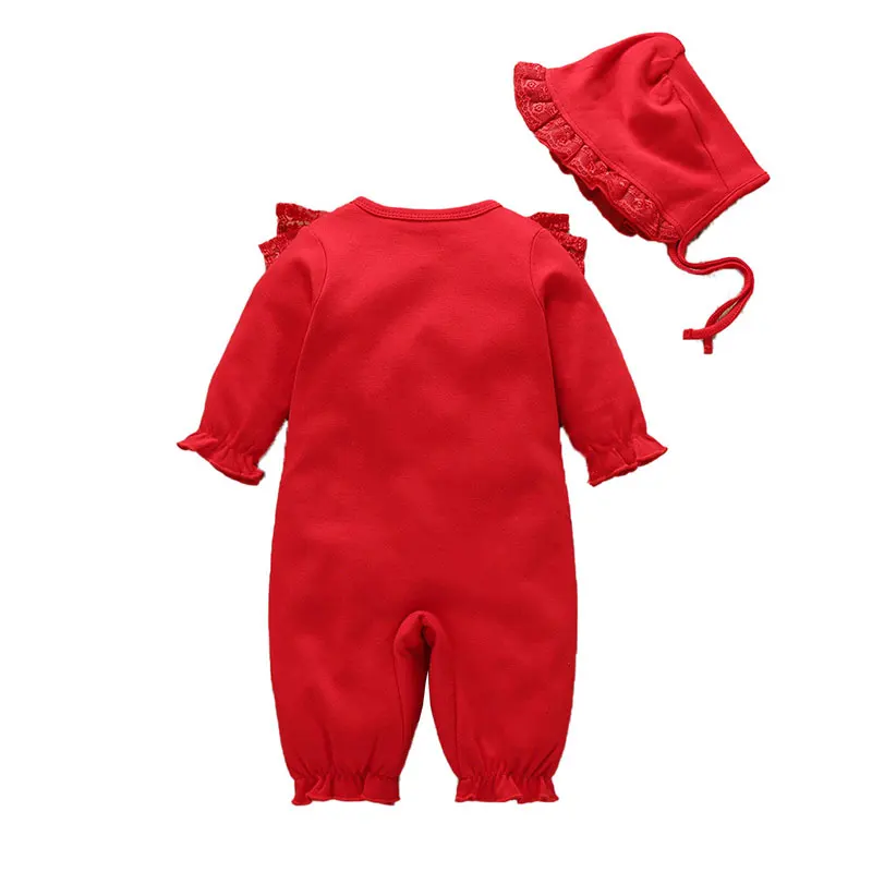 Хлопковые комбинезоны с длинным рукавом для маленьких девочек + шапка однотонная