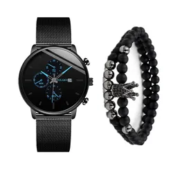 Relojes y pulseras de malla de acero inoxidable para hombre, pulsera masculina con calendario, estilo de negocios, venta al por mayor