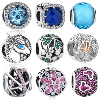 

ELESHE 925 Sterling Silver Blue Radiant Hearts Pink CZ Crystal Charm Bead Fit Original Bracelet Necklace Jewelry Making