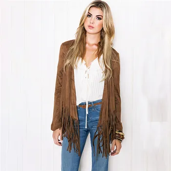 

Bohemian Long Sleeve Cardigan Jacket Women Brown Faux Fur Suede Tassels Coat Female Autumn Winter Coats Outerwear Femme