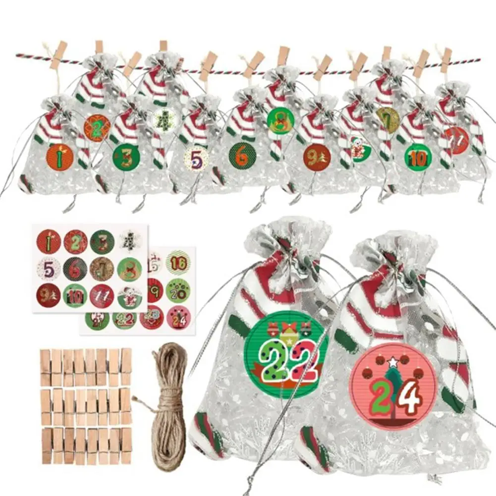 

24pcs Christmas Calendar Countdown Storage Candy Bunch Mouth Gauze Bag Print Bag Christmas Advent Calendar Fabric Bag