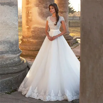 

Jewel Short Sleeves Lace Appliques Tulle Wedding Dress Lace Appliques With Ribbon Custom Online Bridal Gowns 2021 Robe De Mariee
