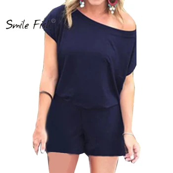 

Summer One Shoulder Short Sleeve Playsuits Women Rompers Solid Pockets Feminino Jumpsuit Macacao Loose Casual Outfits GV155