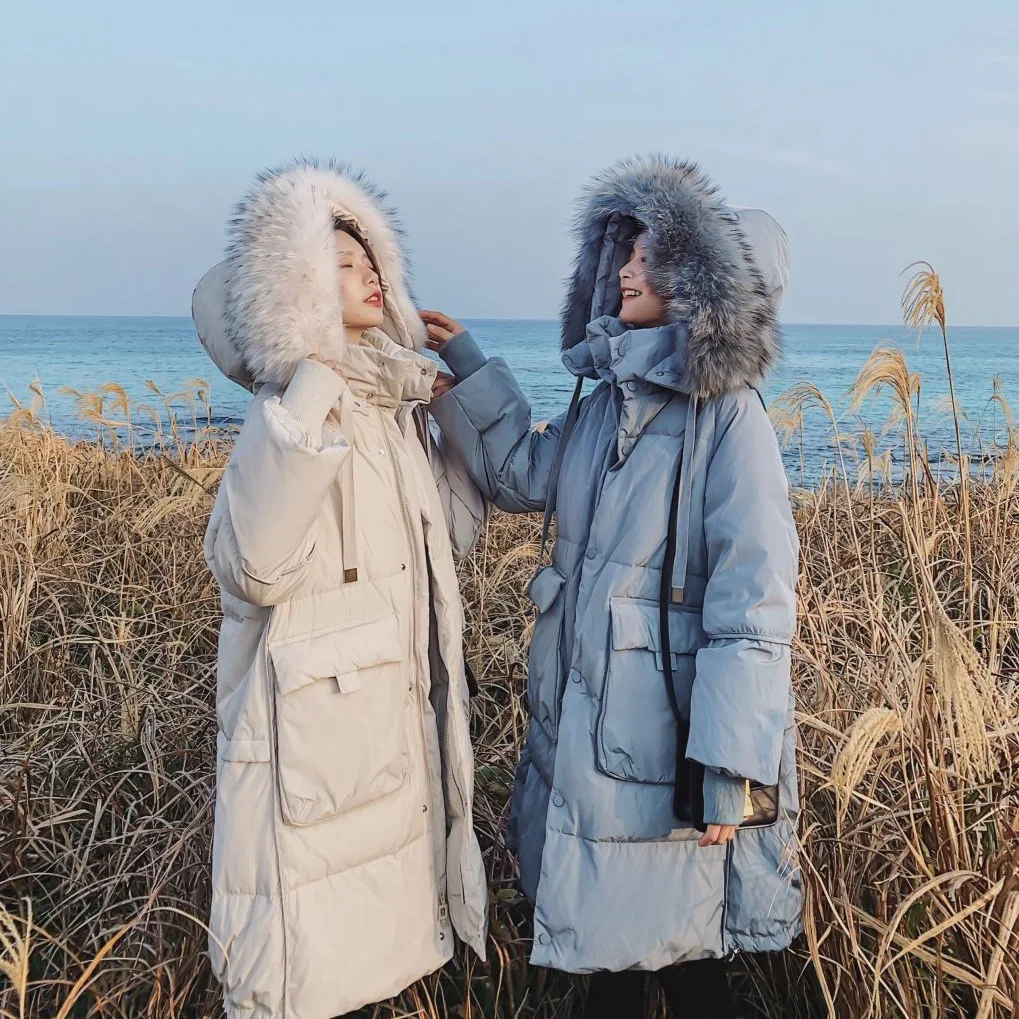 

Photo Shoot Main Push CHIC Simple Haze Blue Straight-Cut down Coat Hooded Large Fur Collar Drawstring Best Friend Cotton Overcoa