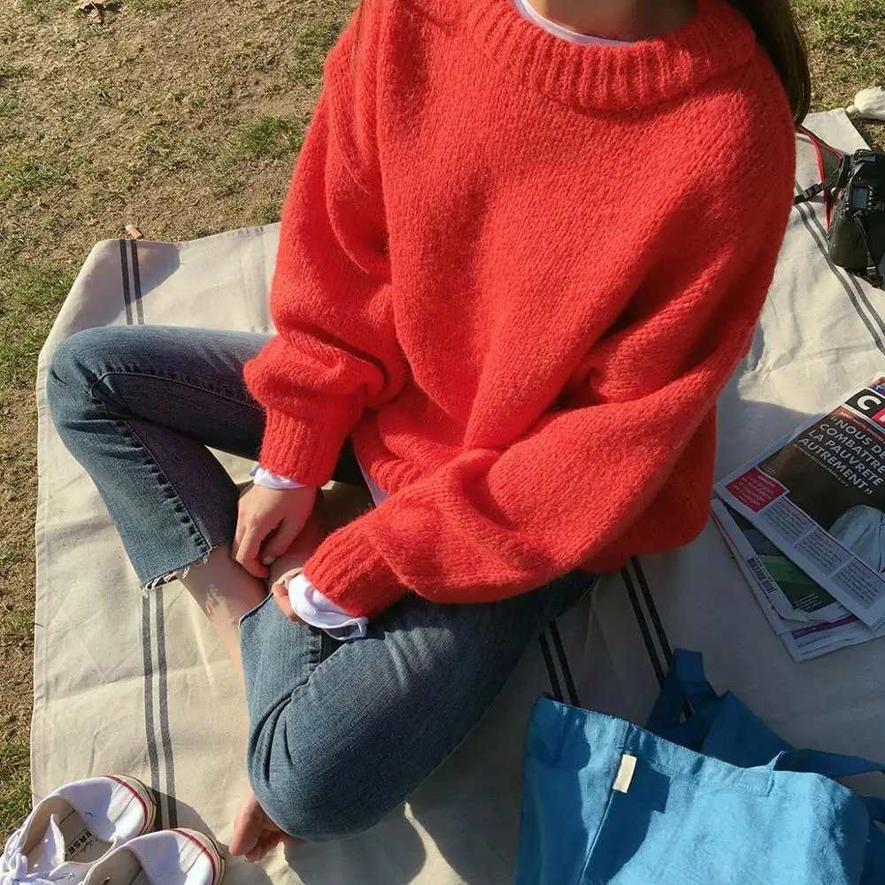Red Новое поступление, женский зимний однотонный яркий свитер с рукавом летучая мышь, вязаный толстый джемпер, Свободный Повседневный Топ T97802F - Цвет: Red