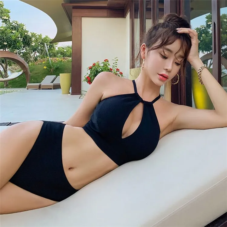

South Korea Bathing Suit Split Type Bikini Hollow out Sexy Large Bust Halter Bandage Cloth Bikini Triangle Swimwear