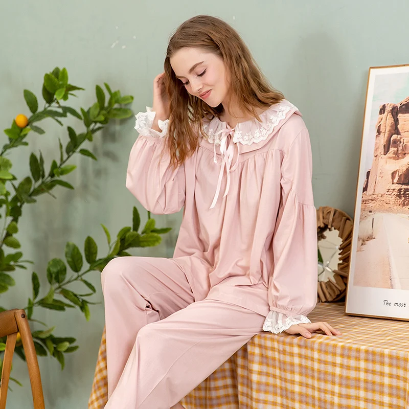 Top quality Pajamas Set Women Cotton Cute Dot Sweet Princess Lace Pyjama with Pants Full Sleeve Sleepwear Loose Female Nightsuit