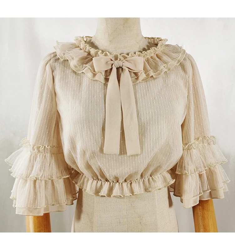 Fresh sweet lolita top kawaii girl peter pan collar victorian shirt loose top lolita shirt loli ruffled chiffon bell sleeve
