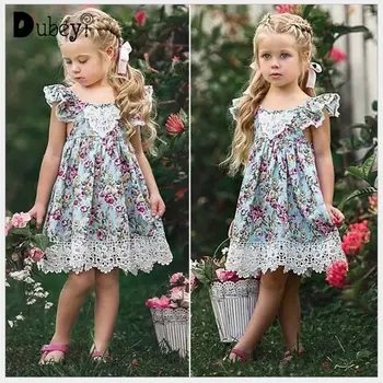 

Summer New Little Girls Backless Dress Elegant Fancy Print Lace Edge Sundress Baby Girl Beach Holiday Party Dress