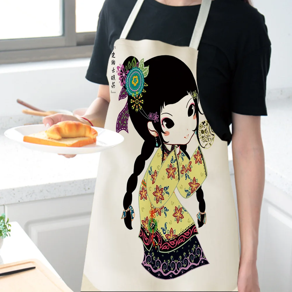 1 Pcs Girl Printed Kitchen Aprons for Women Home Cooking Baking Ancient Costume Beauty Waist Bib Cotton Linen Pinafore